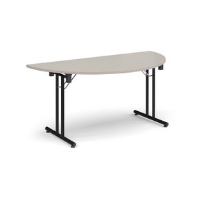 Semi circular folding leg table with black legs and straight foot rails 1600mm x 800mm - Light Grey