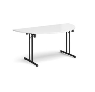 Semi circular folding leg table with black legs and straight foot rails 1600mm x 800mm - white