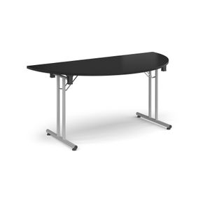 Semi circular folding leg table with silver legs and straight foot rails 1600mm x 800mm - Black