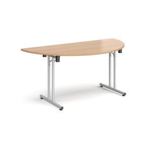 Semi circular folding leg table with silver legs and straight foot rails 1600mm x 800mm - beech