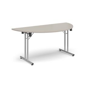 Semi circular folding leg table with silver legs and straight foot rails 1600mm x 800mm - Light Grey