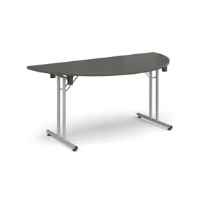Semi circular folding leg table with silver legs and straight foot rails 1600mm x 800mm - Onyx Grey