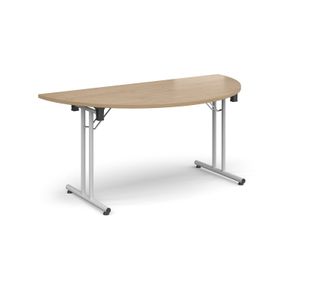 Semi circular folding leg table with white legs and straight foot rails 1600mm x 800mm - Kendal Oak