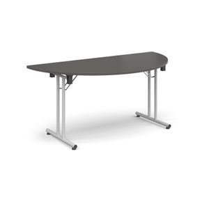 Semi circular folding leg table with white legs and straight foot rails 1600mm x 800mm - Onyx Grey