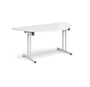Semi circular folding leg table with white legs and straight foot rails 1600mm x 800mm - white