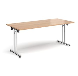 Rectangular folding leg table with chrome legs and straight foot rails 1800mm x 800mm - beech