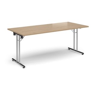 Rectangular folding leg table with chrome legs and straight foot rails 1800mm x 800mm - Kendal Oak