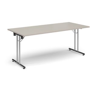 Rectangular folding leg table with chrome legs and straight foot rails 1800mm x 800mm - Light Grey