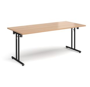 Rectangular folding leg table with black legs and straight foot rails 1800mm x 800mm - beech