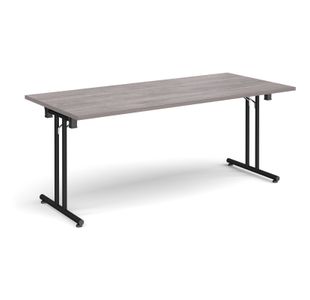 Rectangular folding leg table with black legs and straight foot rails 1800mm x 800mm - grey oak