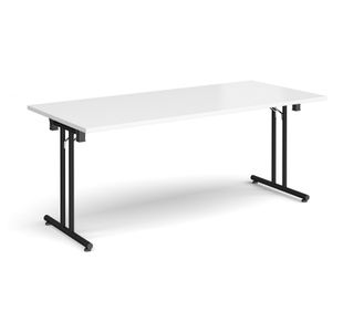 Rectangular folding leg table with black legs and straight foot rails 1800mm x 800mm - white