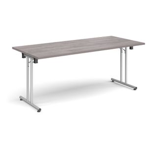 Rectangular folding leg table with silver legs and straight foot rails 1800mm x 800mm - grey oak