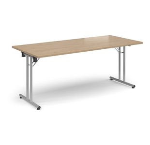 Rectangular folding leg table with silver legs and straight foot rails 1800mm x 800mm - Kendal Oak