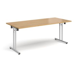 Rectangular folding leg table with silver legs and straight foot rails 1800mm x 800mm - oak