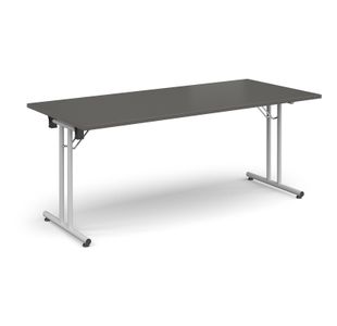 Rectangular folding leg table with white legs and straight foot rails 1800mm x 800mm - Onyx Grey