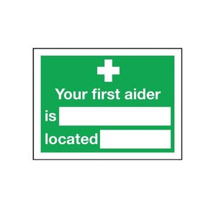 Safety Sign Your First Aider Is 150x200mm Self-Adhesive E42A/S