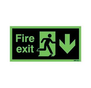 Safety Sign Niteglo Fire Exit Running Man Arrow Down Self-Adhesive 150x450mm NG28A/S