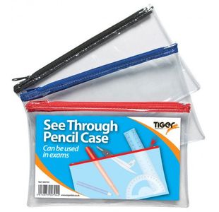 Tiger Exam Pencil Case Clear 200mm x 125mm Assorted (Pack 12) - 300794