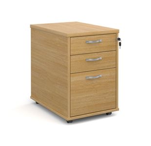 Tall mobile 3 drawer pedestal with silver handles 600mm deep - oak
