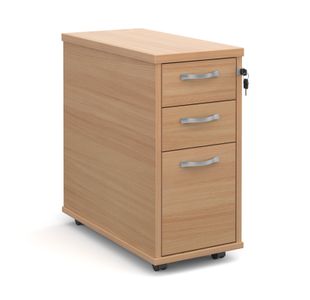 Tall slimline mobile 3 drawer pedestal with silver handles 600mm deep - beech