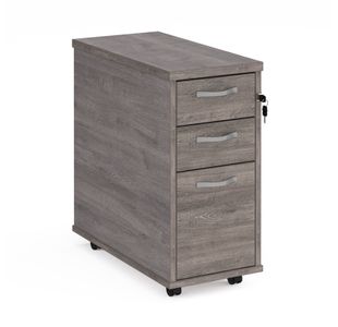 Tall slimline mobile 3 drawer pedestal with silver handles 600mm deep - grey oak