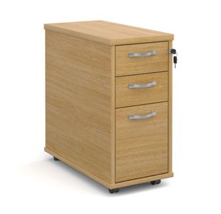 Tall slimline mobile 3 drawer pedestal with silver handles 600mm deep - oak