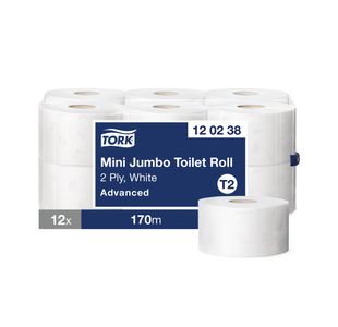 T2 White Mini Jumbo Toilet Roll Pk12