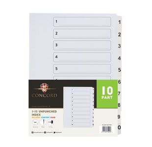 Concord Upchd Index 1-10 A4 Wht Pk10