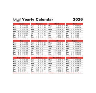 Letts Yearly Calendar 2026